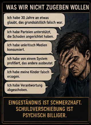 Ausschnitt einer Bildtafel mit der Überschrift „Was wir nicht zugeben wollen“. Neben einem Mann, der sich die Hand vors Gesicht hält, stehen Sprechblasen: Ich habe 30 Jahre an etwas geglaubt, das grundsätzlich falsch war. Ich habe Parteien unterstützt, die Schaden angerichtet haben. Ich habe unkritisch Medien konsumiert. Ich habe von einem System profitiert, das andere ausbeutet. Ich habe meine Kinder falsch erzogen. Ich habe Verantwortung abgeschoben. Darunter der Satz: Eingeständnis ist schmerzhaft, Schuldverschiebung ist psychisch billiger.